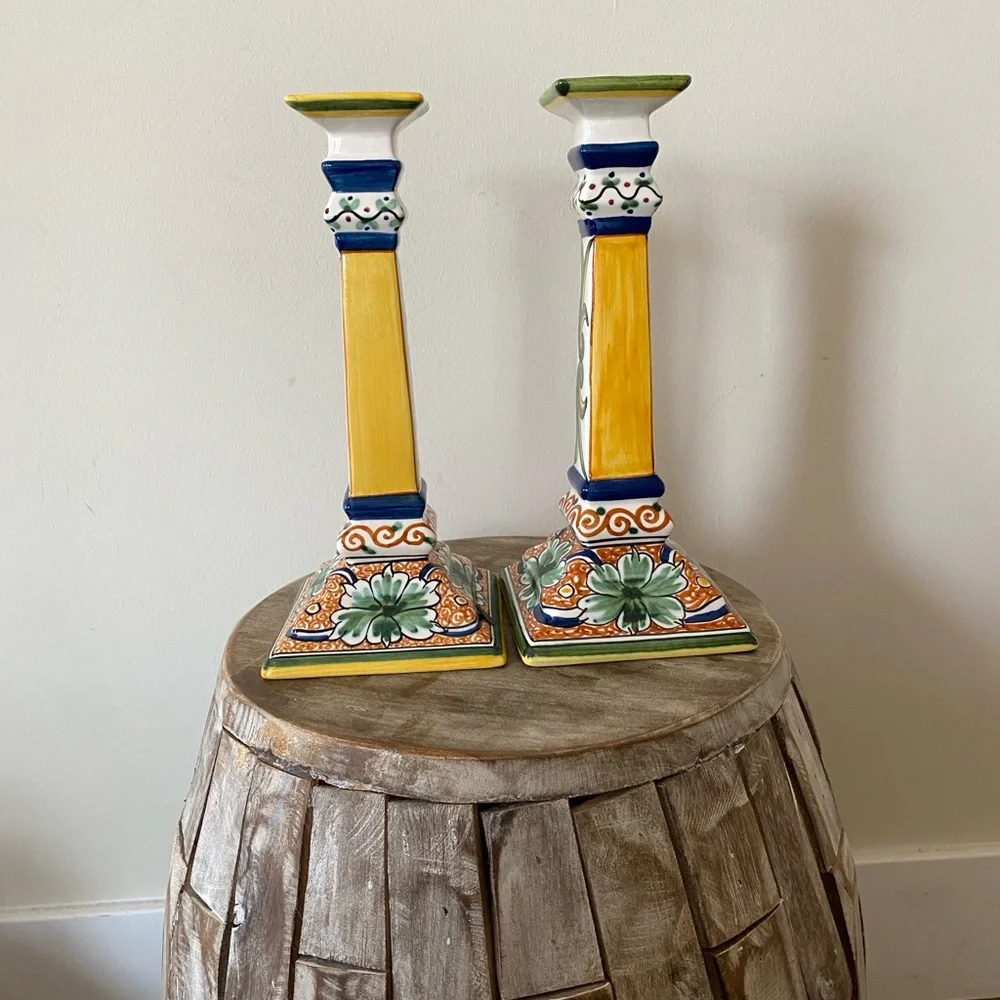Williams Sonoma Nazari Alhambra Hand Painted Ceramic Candle Holder Pair 10.5”